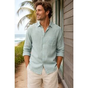 Faherty Brand Mens Large Linen Button Up Shirt Mint Green Coastal Beach
